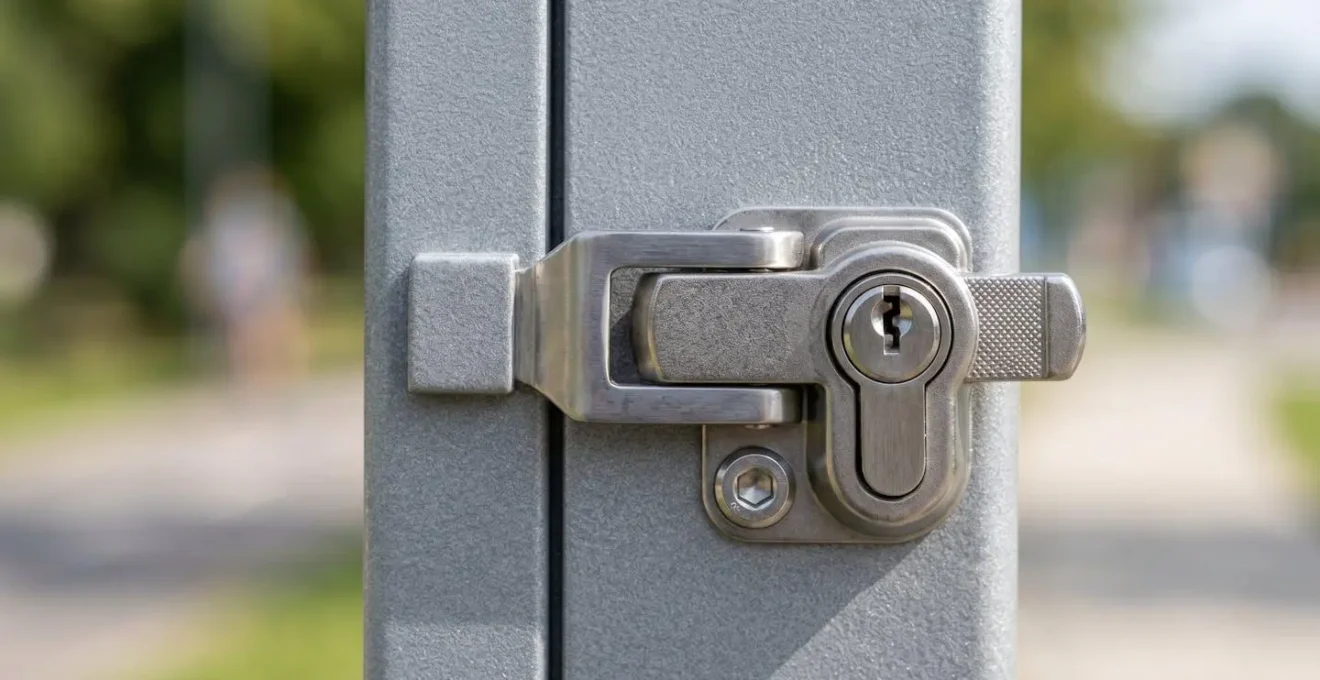 Gros plan sur une armoire de protection extérieure pour défibrillateur avec focus sur le mécanisme de verrouillage sécurisé et les matériaux résistants aux intempéries