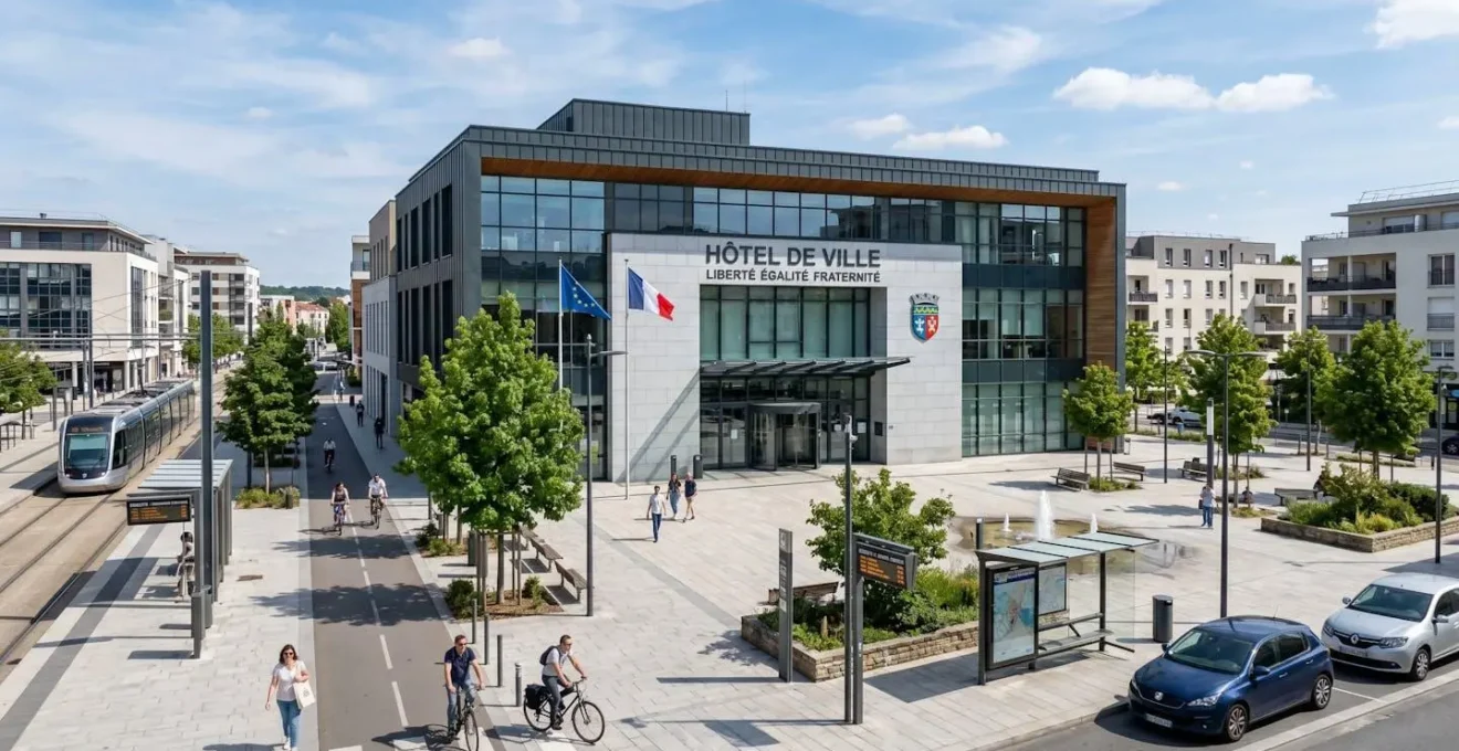 Façade d'une mairie française de ville moyenne avec architecture contemporaine sous lumière naturelle en journée