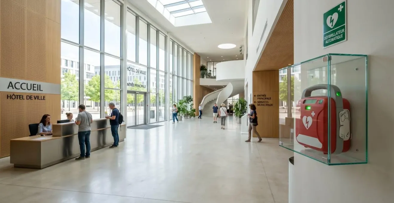 Hall d'entrée lumineux d'une mairie française moderne avec un défibrillateur installé dans une armoire murale vitrée accessible