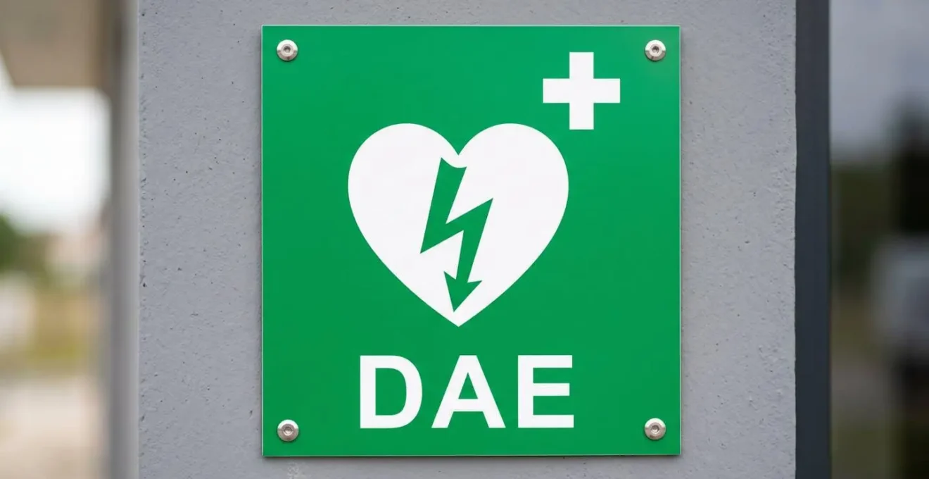 Gros plan sur un panneau de signalétique DAE officiel montrant le pictogramme normalisé avec cœur, éclair et croix blanche sur fond vert