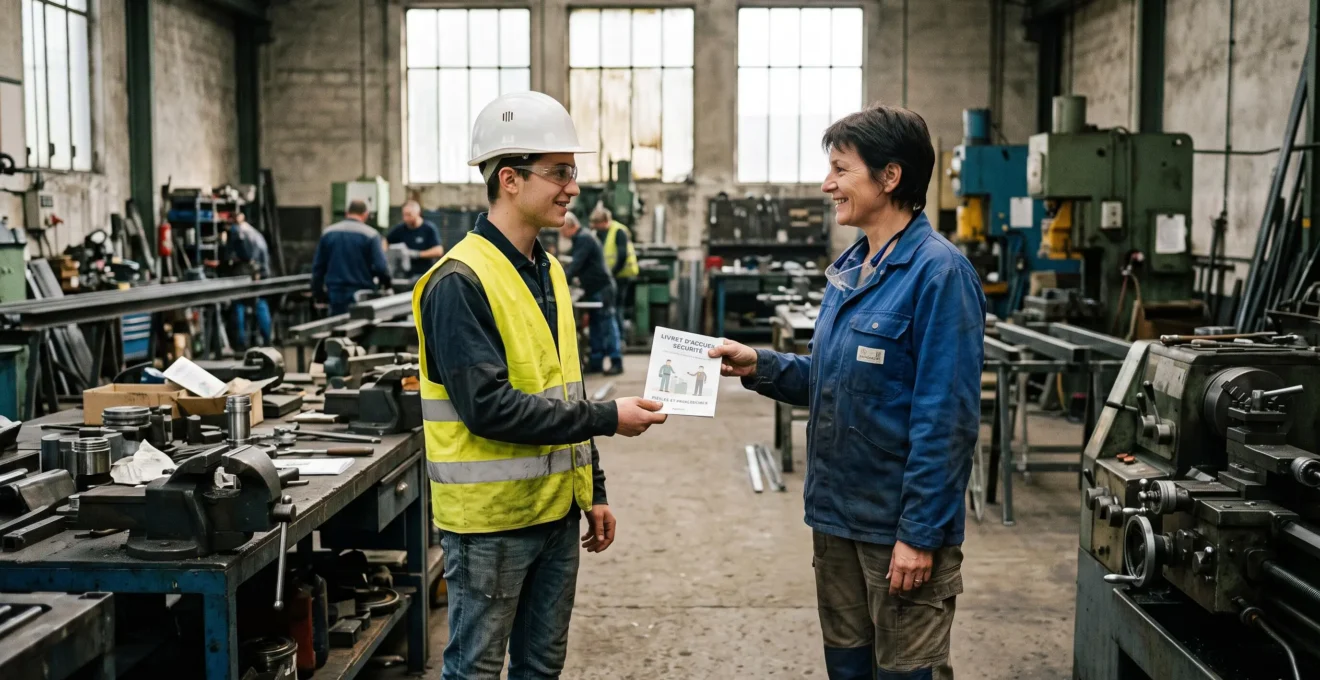 Un superviseur remet un livret d'accueil sécurité à un nouvel employé dans un atelier.